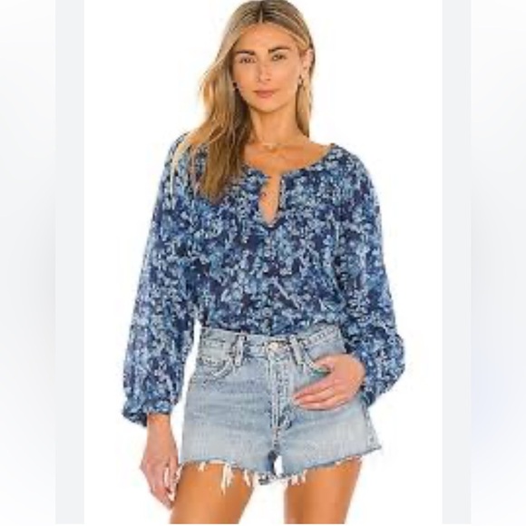 Free People Cotton Floral Printed Button front Boho Top Denim Blue LARGE NWOT - Picture 14 of 14